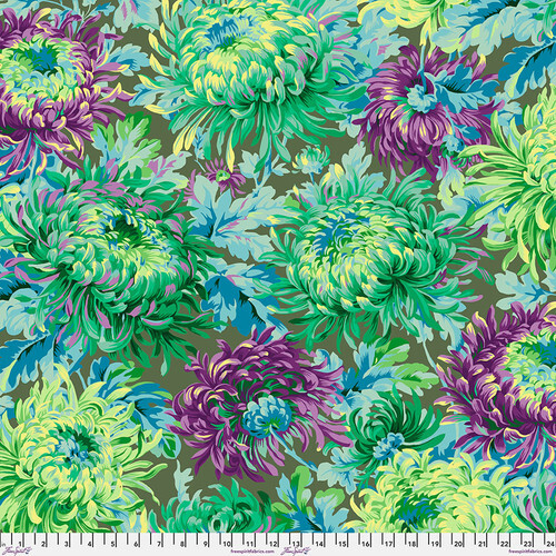 Fabric featuring vibrant green, teal, blue, and purple chrysanthemums over an army green background