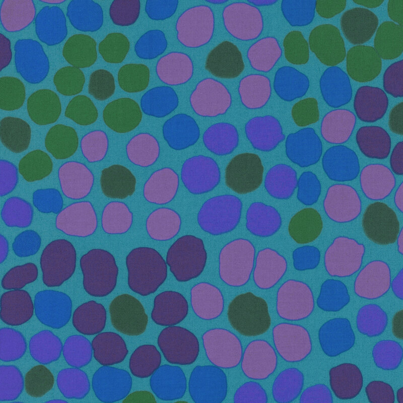 Fabric featuring vibrant blue, green, and purple abstract dots in the shape of flowers over a ciel blue background
