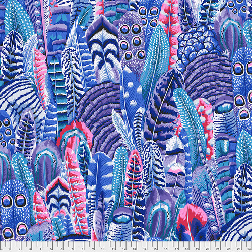Fabric featuring vibrant blue, purple, indigo, and pink feathers