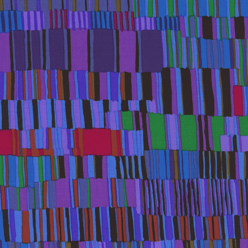 Fabric featuring irregular columns of layered vibrant blue, teal, black, green, purple, and magenta stripes