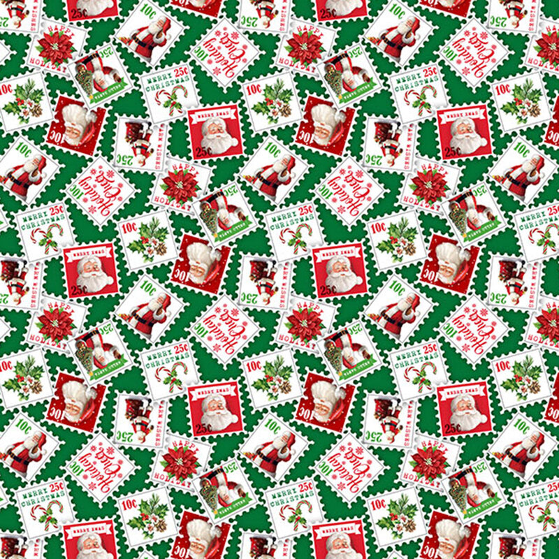 Stamps of Santa and various holiday paraphernalia on green fabric.