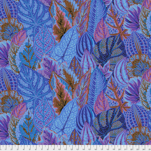 Bright fabric with vibrant layered blue, purple, pink, and brown coleus leaves