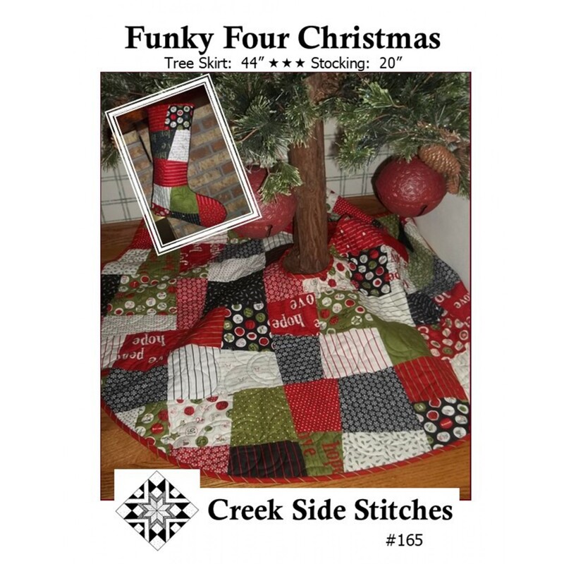 Front of pattern featuring the completed tree skirt and stocking staged under a tree and on a fireplace, respectively