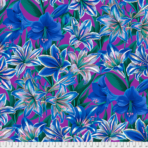 Fabric featuring vibrant blue, pink, and teal amaryllis flowers over a bright purple background