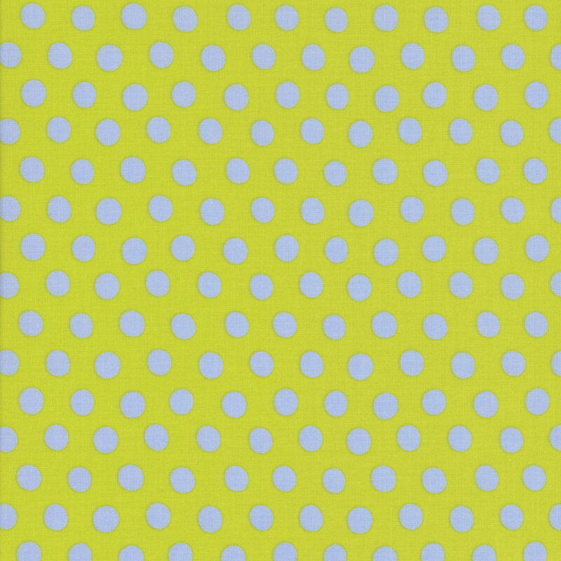 Fabric featuring vivid light blue polka dots over an apple green background