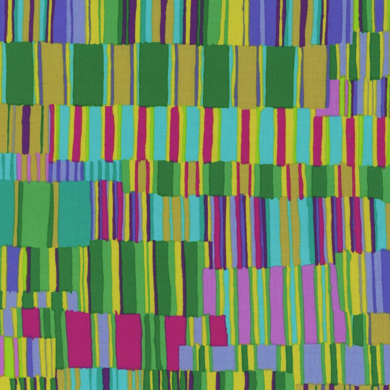 Fabric featuring irregular columns of layered vibrant green, teal, yellow, blue, purple, and magenta stripes