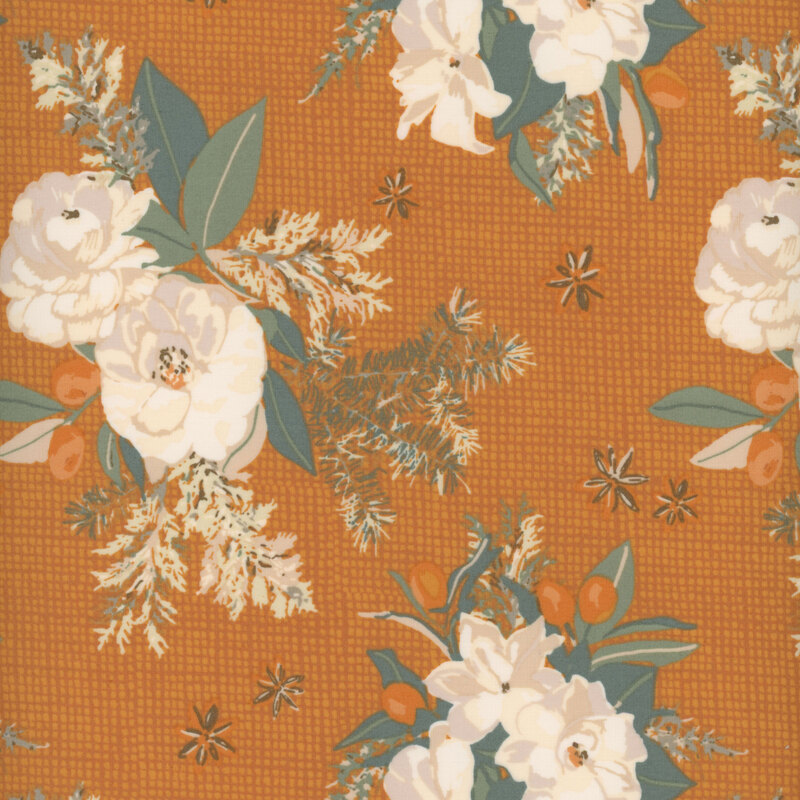 deep orange fabric features a rough woven textured design contrasting with the beautiful cream roses and winter foliage