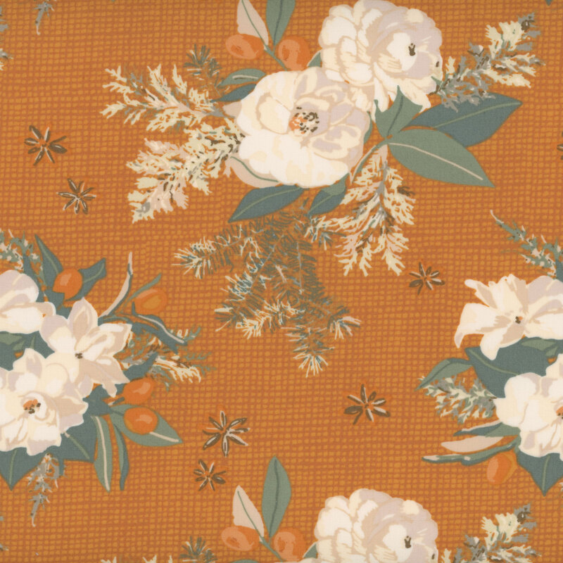 deep orange fabric features a rough woven textured design contrasting with the beautiful cream roses and winter foliage