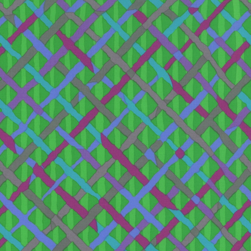 Fabric featuring hand drawn interwoven lattice lines in shades of fuchsia, blue, purple, green, and brown