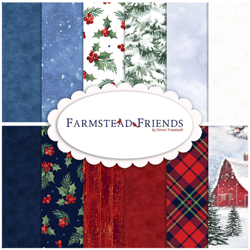 Collage of the red and blue fabrics featuring barns, cardinals, and snow that are included in the Farmstead Friends collection.
