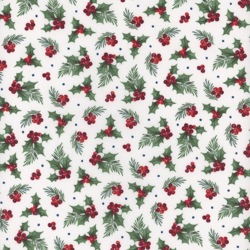 Holly berries and leaves with blue polka dots on white fabric.