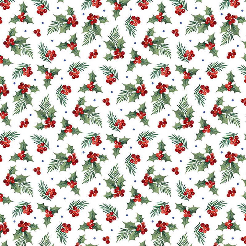 Holly berries and leaves with blue polka dots on white fabric.