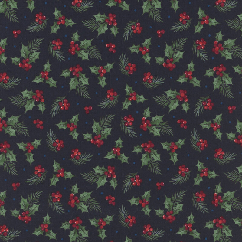 Holly berries and leaves with blue polka dots on navy fabric.