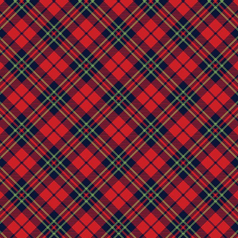 Red plaid with navy and green accent stripes.
