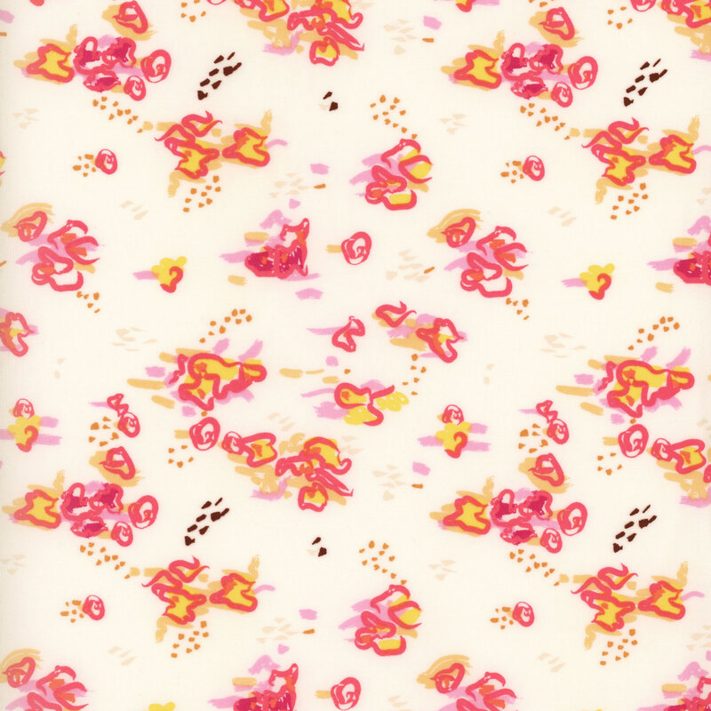 fabric with a lovely abstract floral rose design in magenta, pink, orange