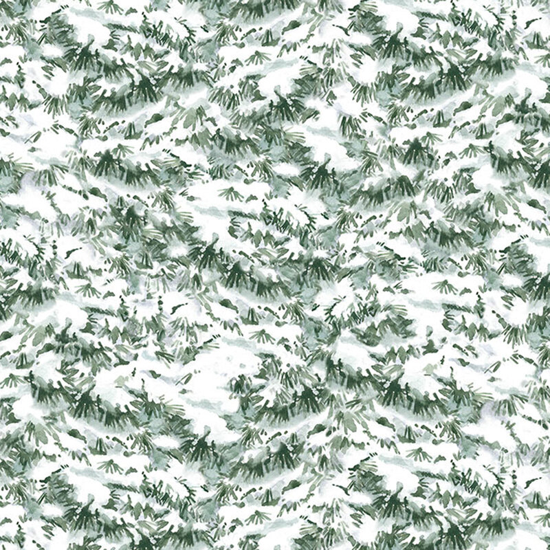 Fabric with a pattern of evergreen branches blanketed in white snow.
