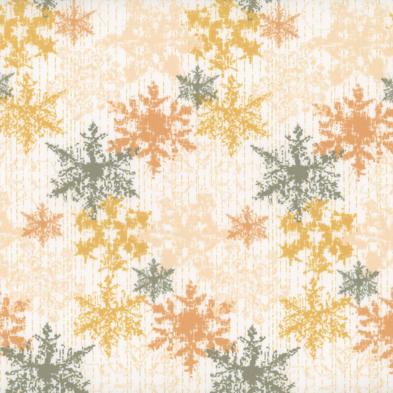 Fabric with rustic textured snowflakes in pink, yellow, gray, and cream