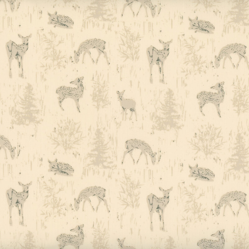 Taupe fabric featuring yearling deer interspersed among tonal pine trees.