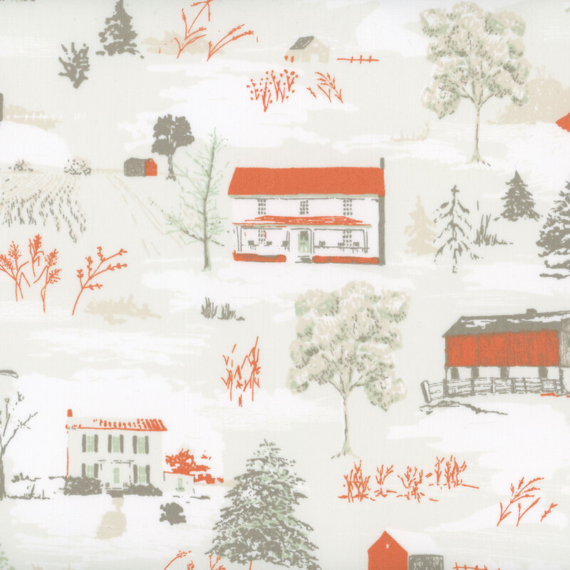 Gray fabric with a painted look, depicting a snow-filled landscape with red barns, farm houses, and trees.