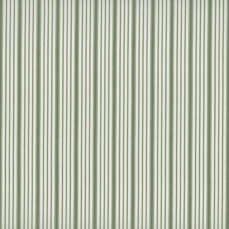 Fabric with parallel stripes in differing thicknesses, alternating between dark sage and cream
