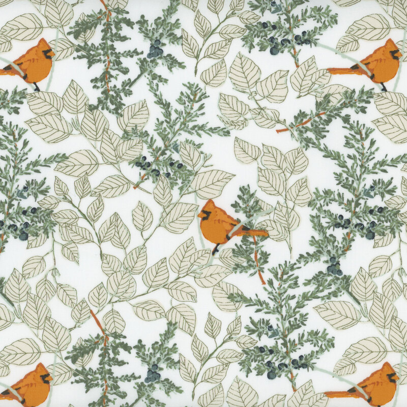 Cream fabric featuring gray and green juniper and deciduous tree boughs filled with leaves and featuring small cardinals perched among them for pops of beautiful red.