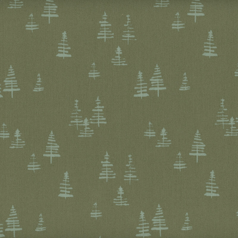 dark sage green fabric featuring sporadic tonal minimalist pine trees