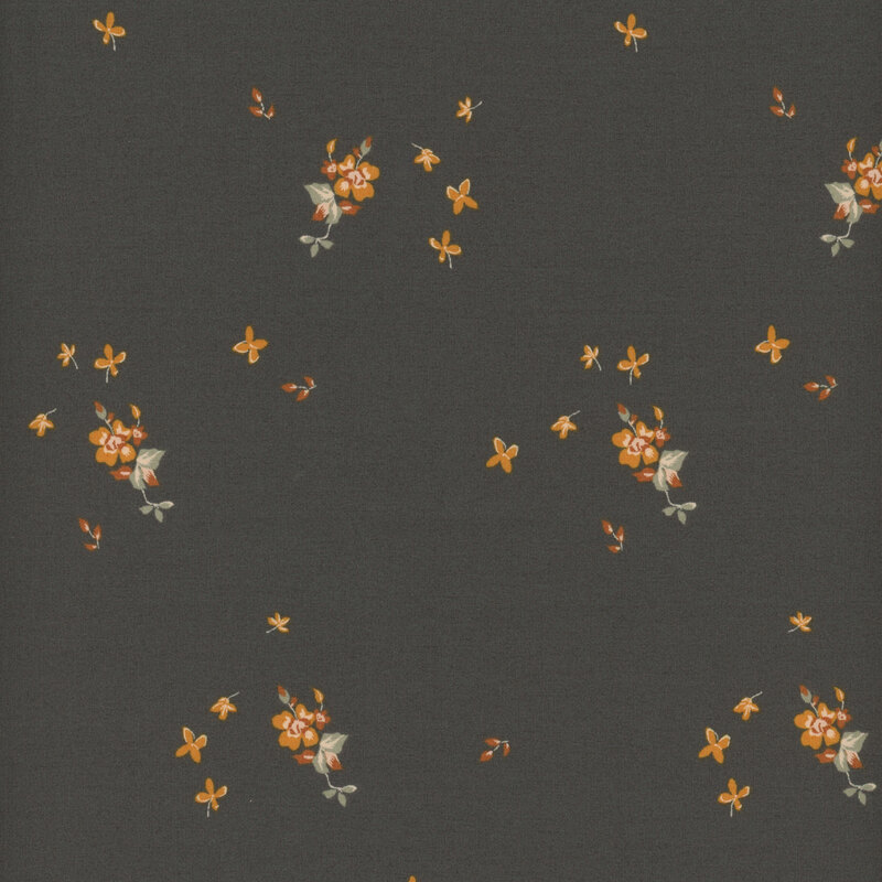 Charcoal gray fabric featuring sporadic orange flowers elegantly tossed all over
