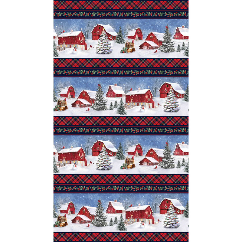 Border stripe print with snowy farm scenes, red plaid, and holly leaves and berries on navy.