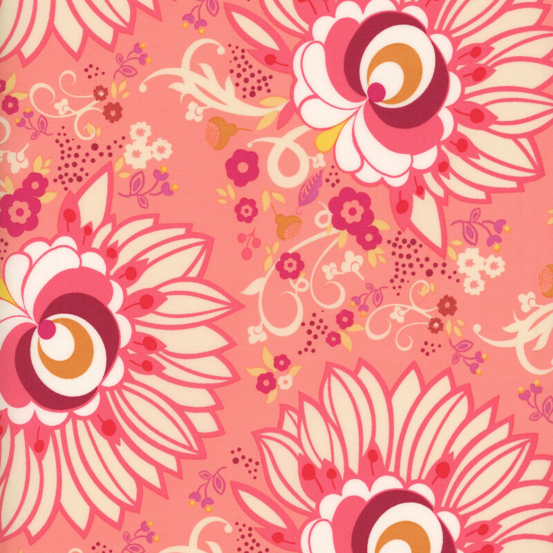 fabric with a gorgeous modern floral design in pink, magenta, white, and purple