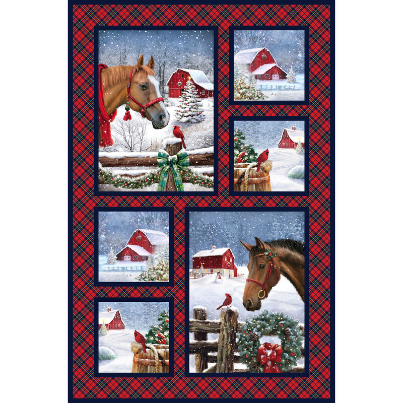 Panel of winter scenes featuring snowy farmyards, horses, barns, and red plaid borders.