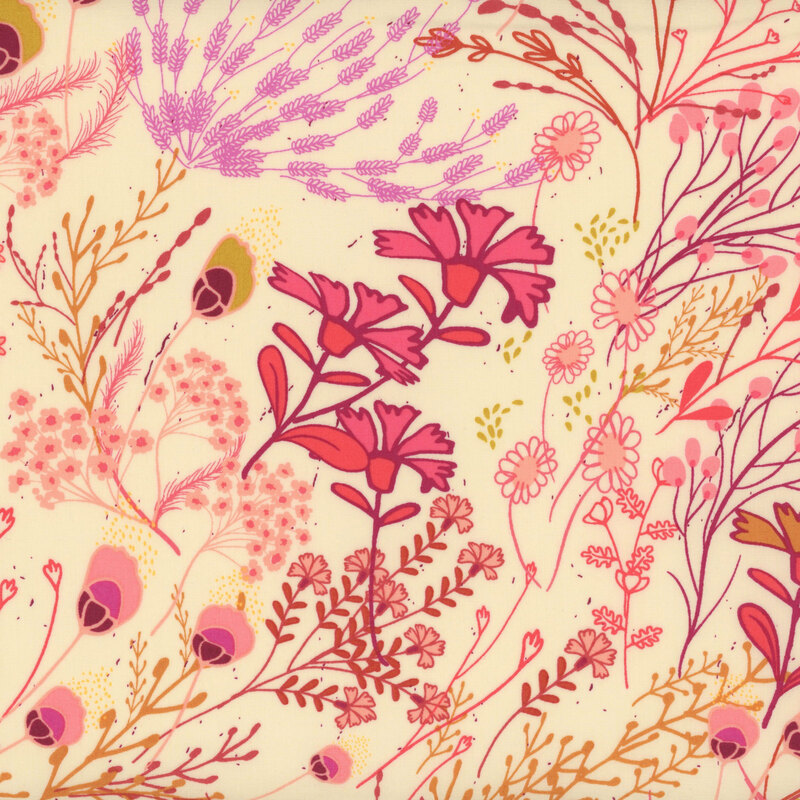 cream fabric with a gorgeous scattered pink, purple, and yellow floral design