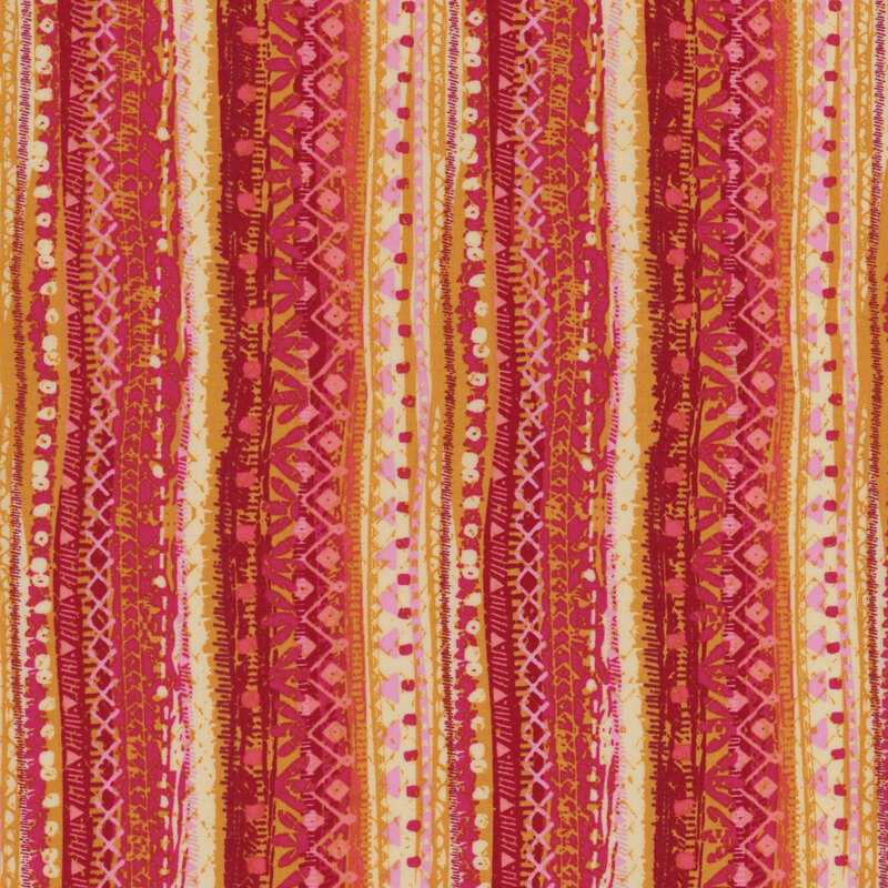 fabric with a lovely hand drawn stripe design in pink, magenta, white, and mustard yellow