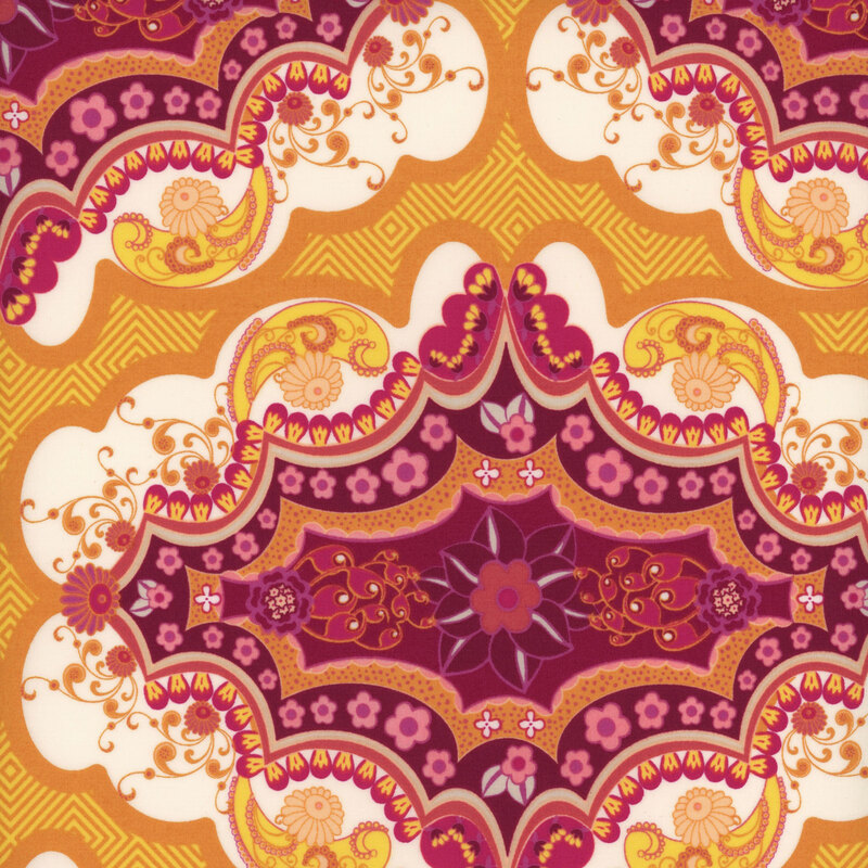 yellow fabric with a gorgeous modern dasmask design, in shades of white, pink, magenta, and golden yellow