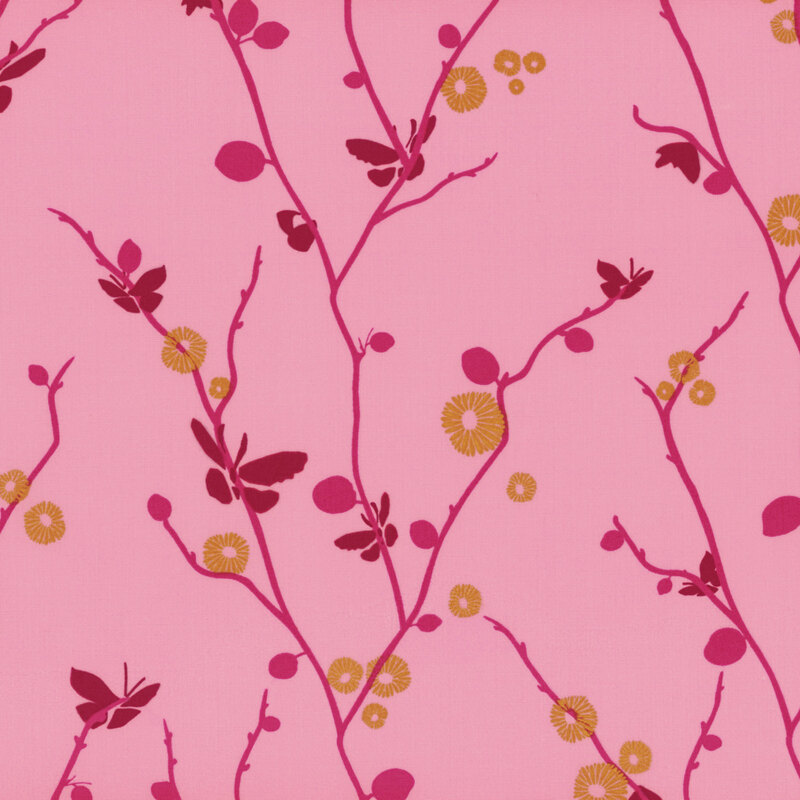 bubblegum pink fabric with a whimsical silhouette design of burgundy butterflies on magenta flowering branches