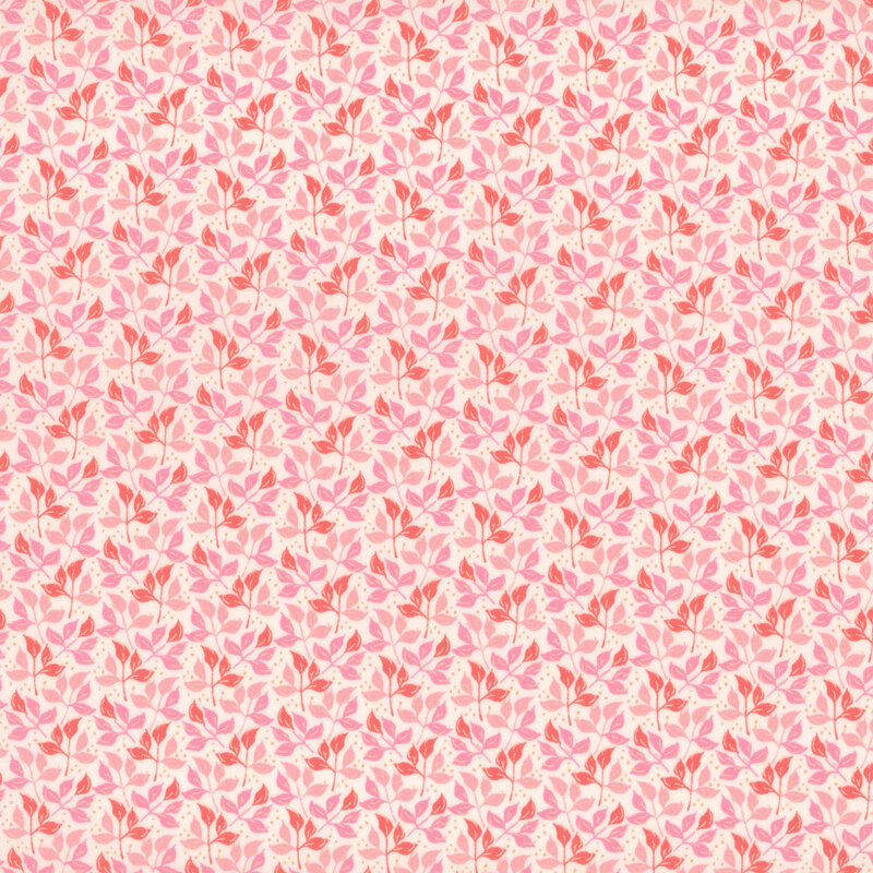 cream fabric with a lovely packed leaf pattern in gorgeous shades of pink