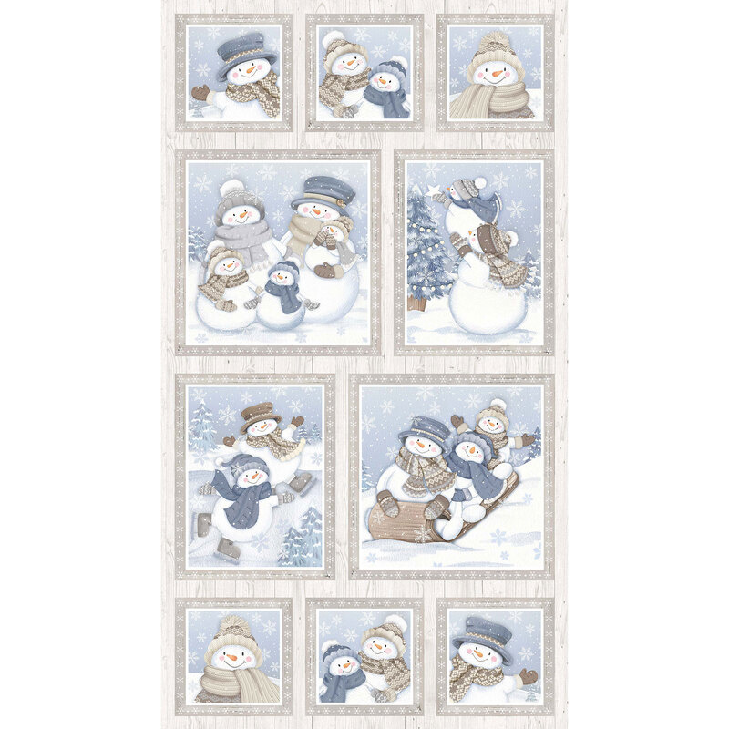 Panel featuring multiple blocks of snowman families enjoying snowy winter activities.