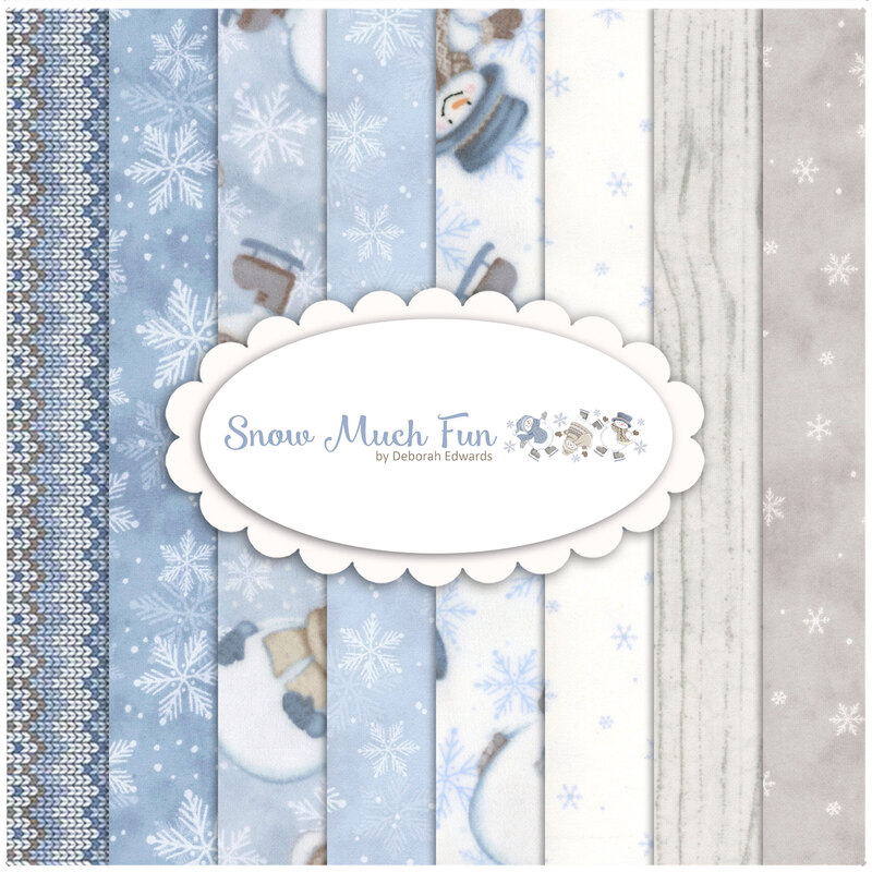 Collage of the pastel blues and neutral tones, featuring snowflakes and snowmen, that are included in the Snow Much Fun FQ set.