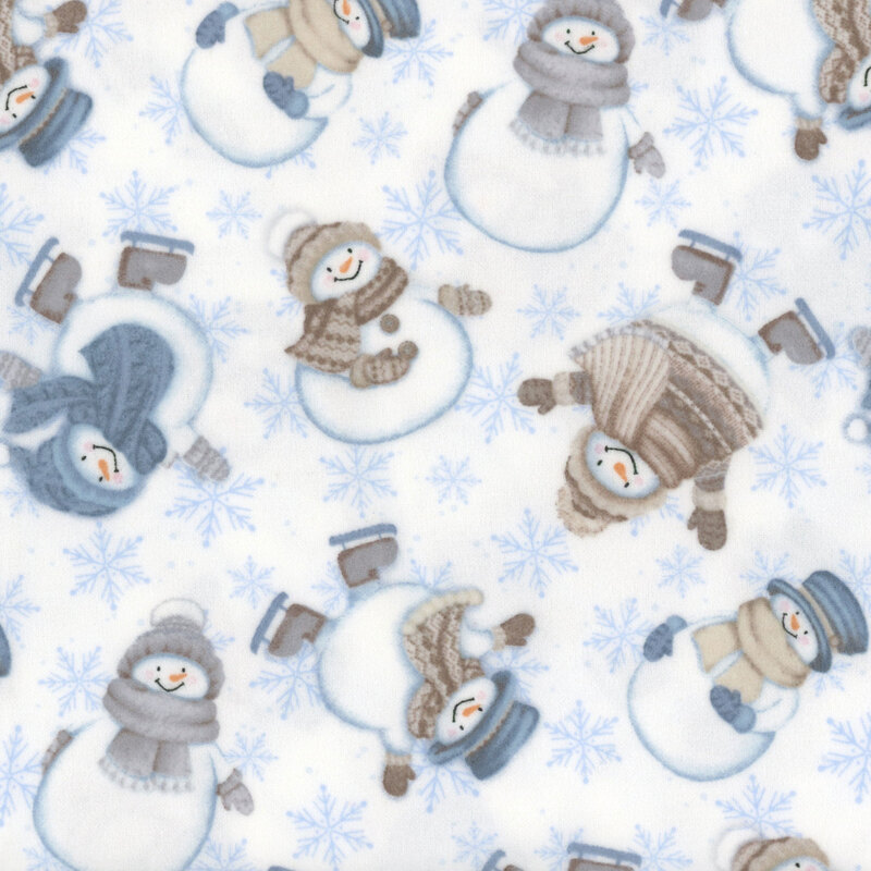 Cute snowmen in various winter outfits, and pastel blue snowflakes on white fabric.