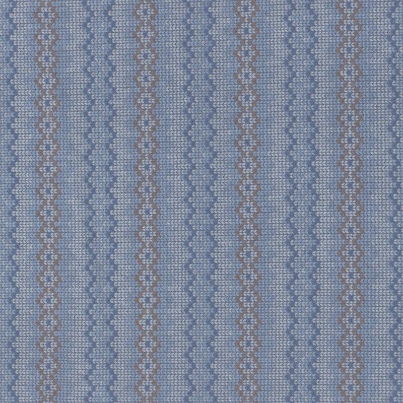 Fabric with a pattern like a knit sweater with varying blue stripes and brown accents.
