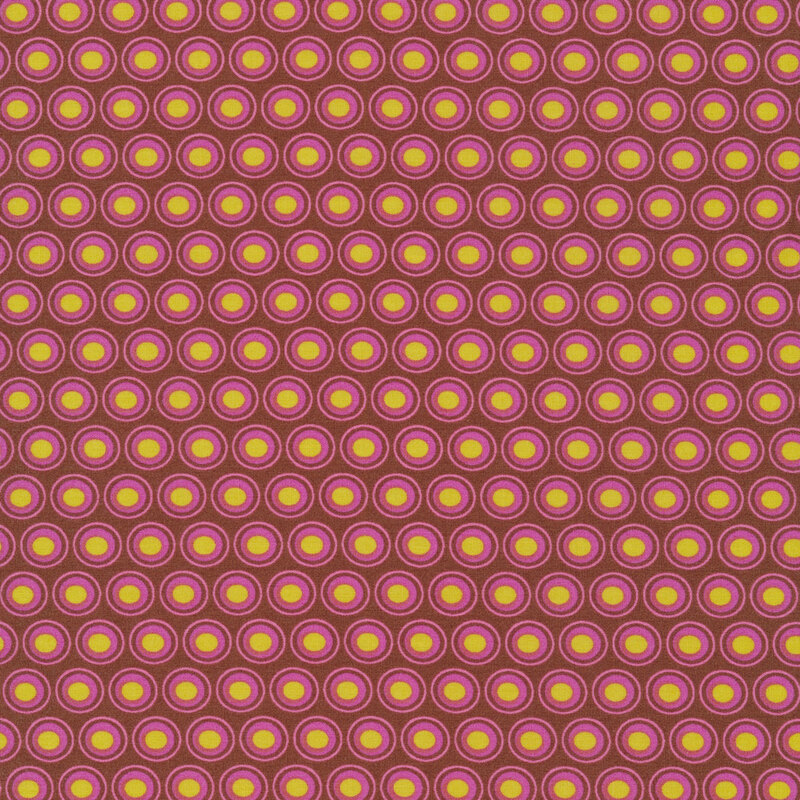 brown fabric with a lovely magenta and chartreuse oval polka dot design