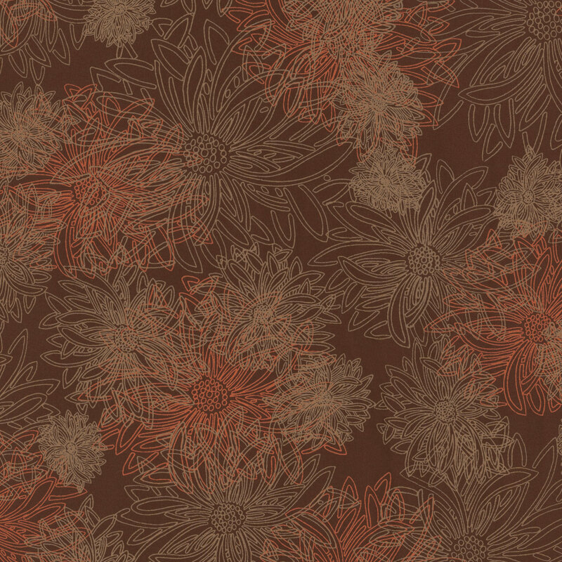 fabric featuring large brown and tan outlined dahlia flowers on a brown mottled background