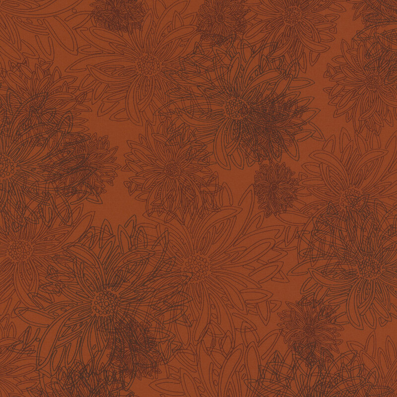 fabric featuring large brown and red outlined dahlia flowers on a burnt orange background