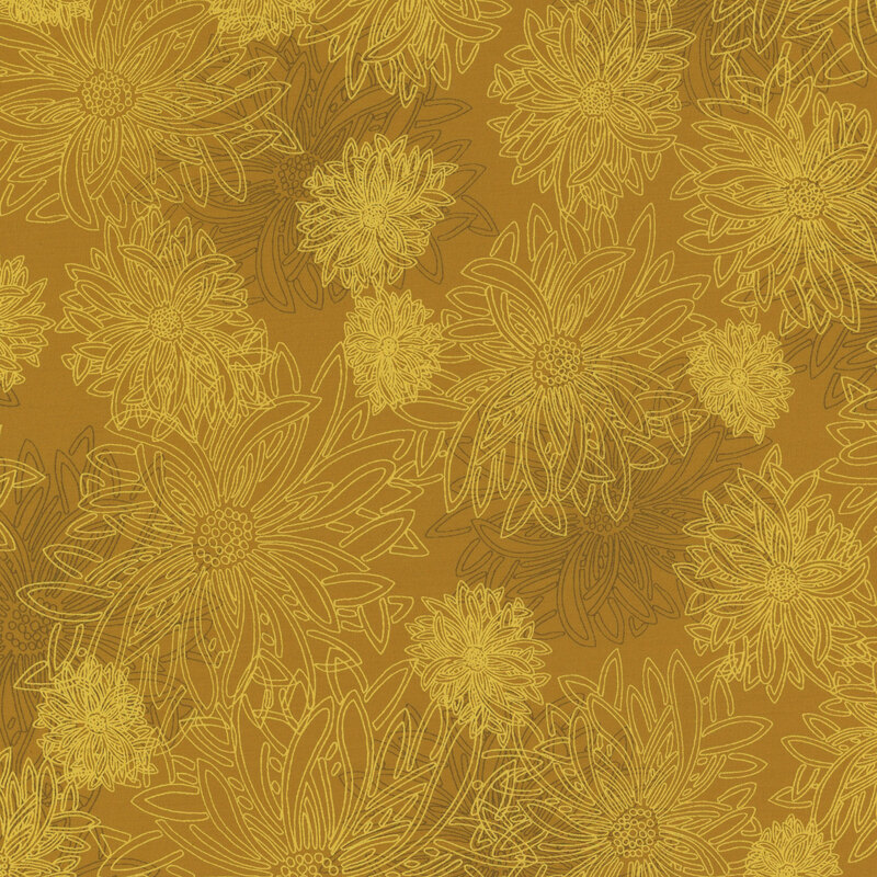 fabric featuring large gold outlined dahlia flowers on a golden brown mottled background