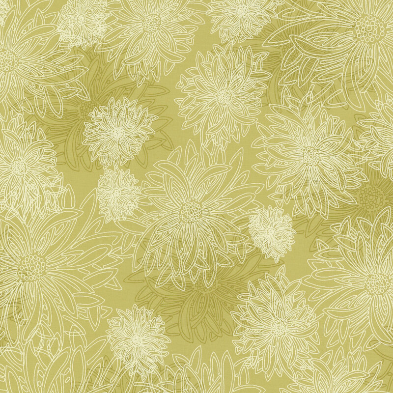 fabric featuring large beige outlined dahlia flowers on a golden yellow background