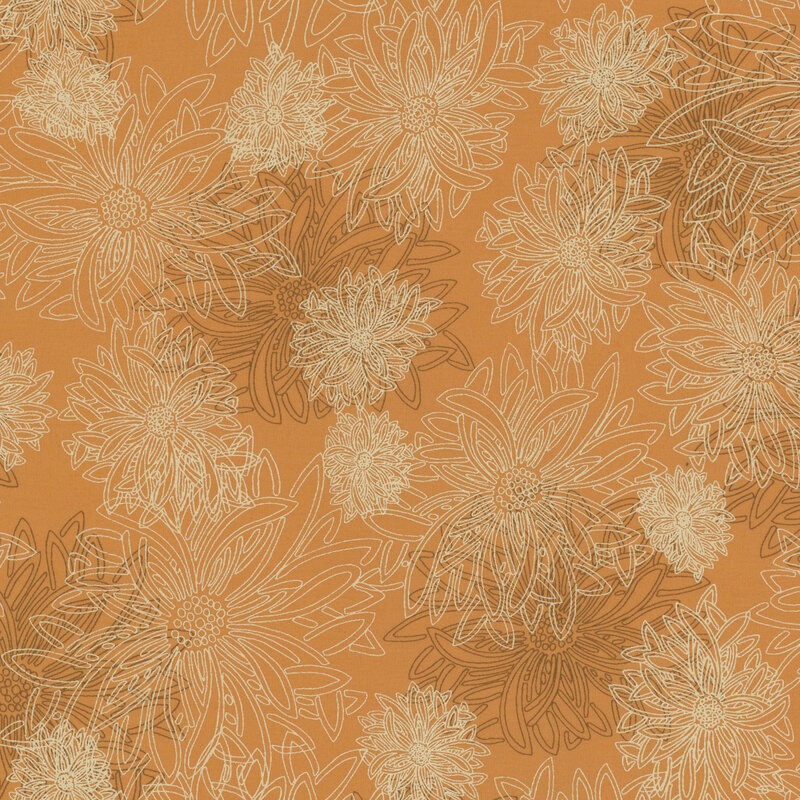 fabric that features pale outlined dahlias on a golden tan background