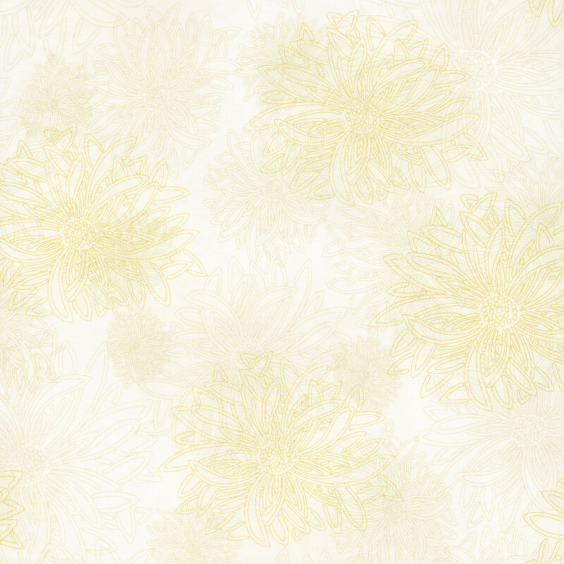 fabric featuring large yellow and cream outlined dahlia flowers on a white background