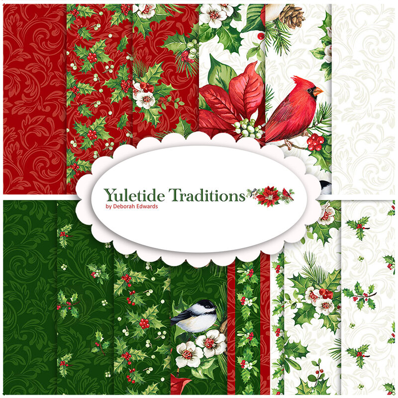 Collage of red and green fabrics featuring cardinals, poinsettias, holly, and scrolls.