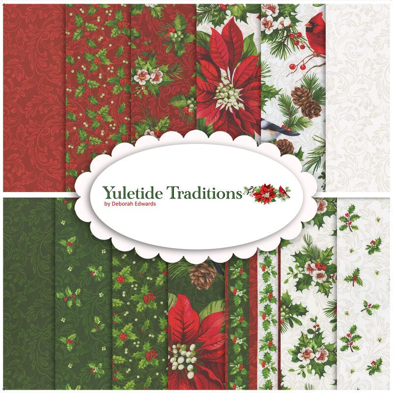 Collage of red and green fabrics featuring cardinals, poinsettias, holly, and scrolls.