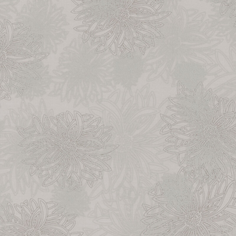 fabric featuring large gray outlined dahlia flowers on a gray background