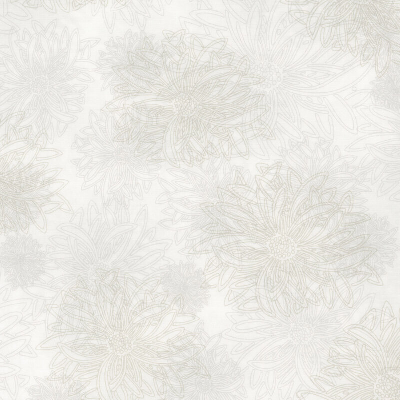 fabric featuring large gray outlined dahlia flowers on a gray background